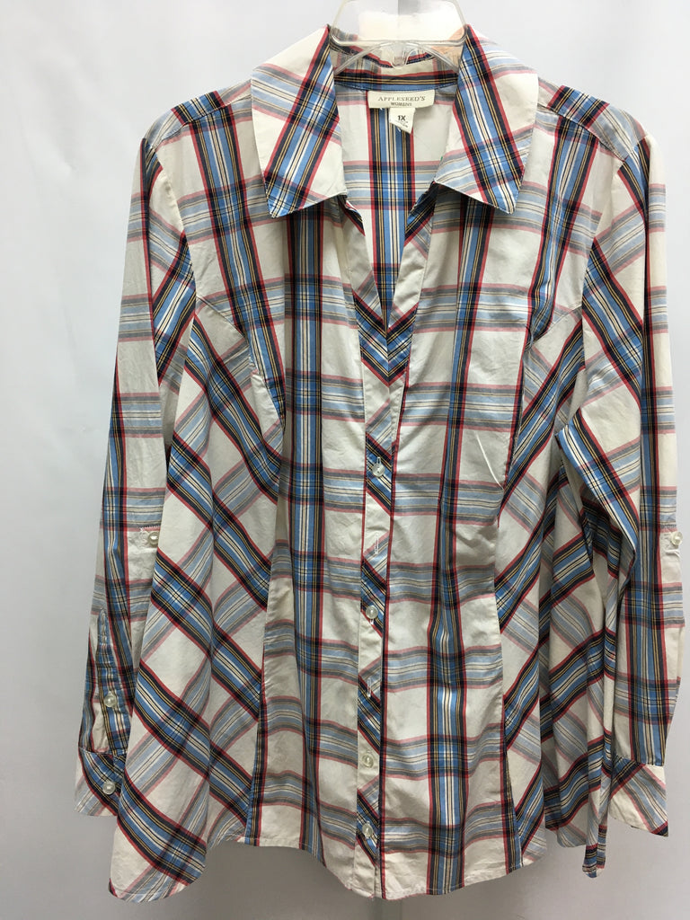 Appleseed's Size 1X Cream Plaid Long Sleeve Top