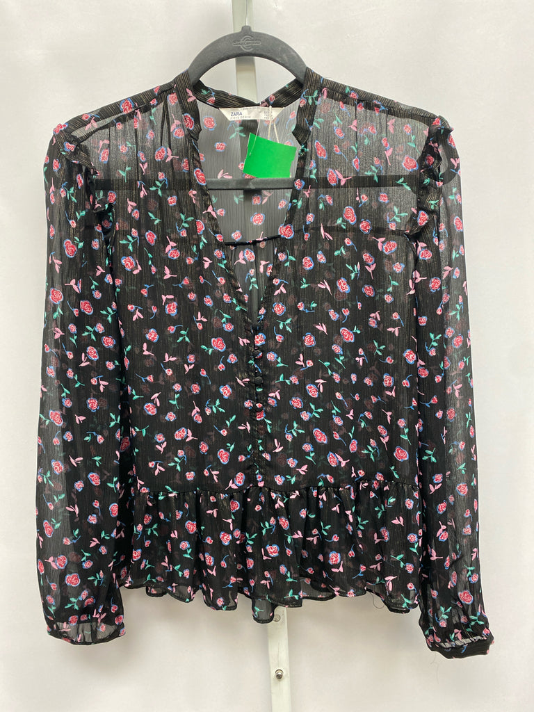 Zara Size Medium Black Floral Long Sleeve Top
