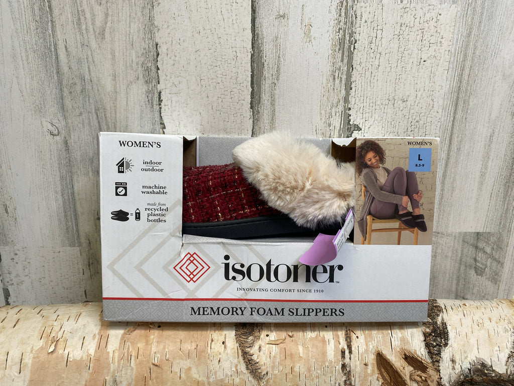 Isotoner Size L Red Plaid Slippers