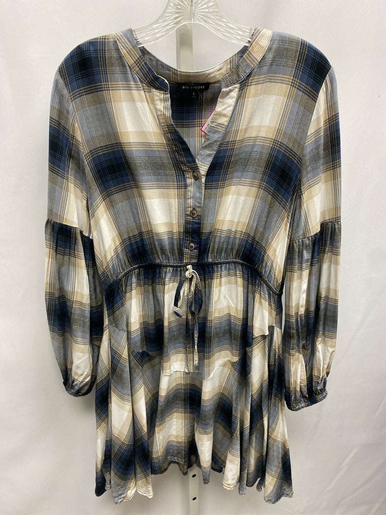 BLU PEPPER Size Large Blue Plaid Long Sleeve Dress