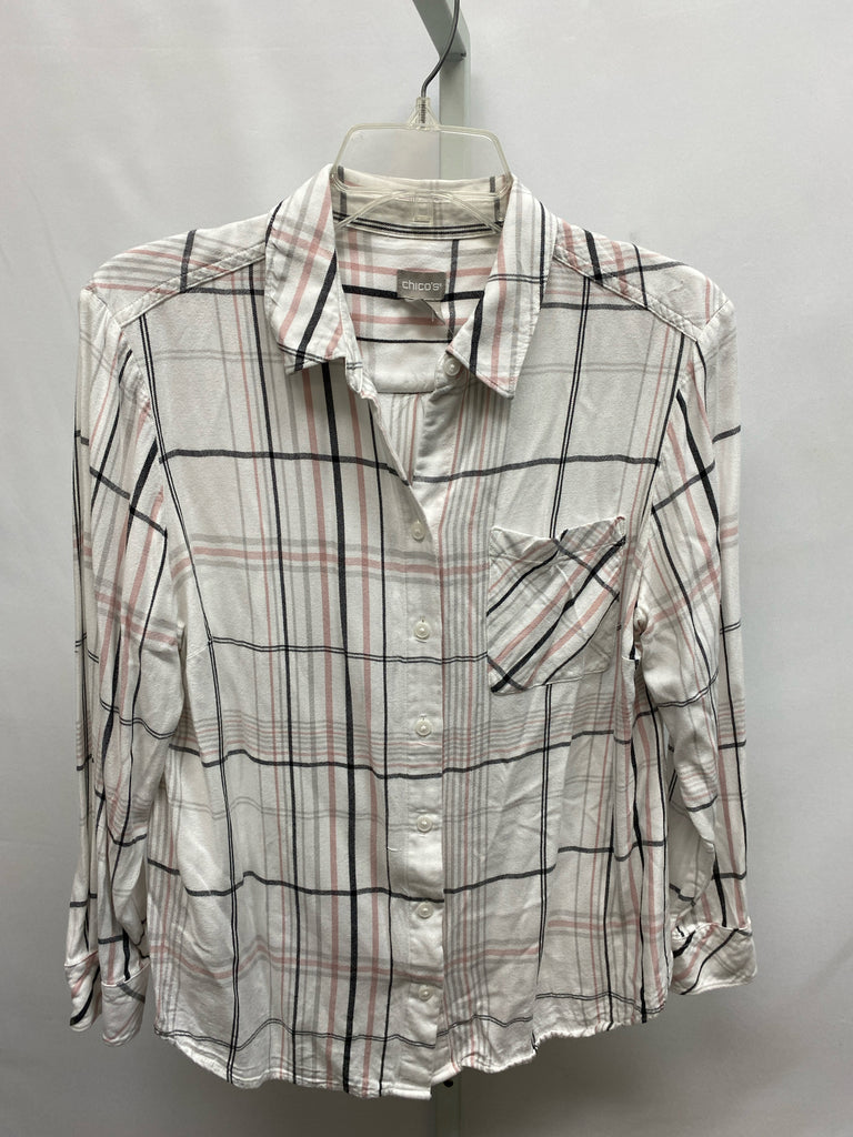 Chico's Size 12/14 White Plaid Long Sleeve Top