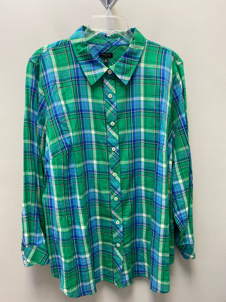 Talbots Size 2X Green Plaid Long Sleeve Top