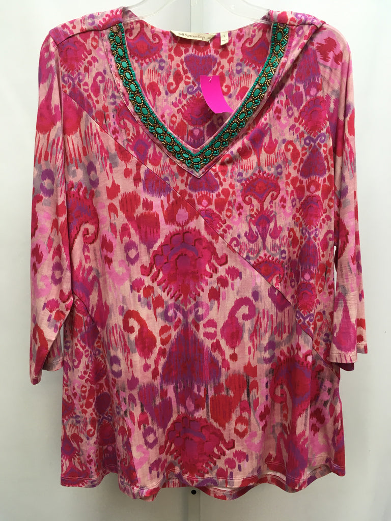 Soft Surroundings Size Large Pink Print 3/4 Sleeve Top