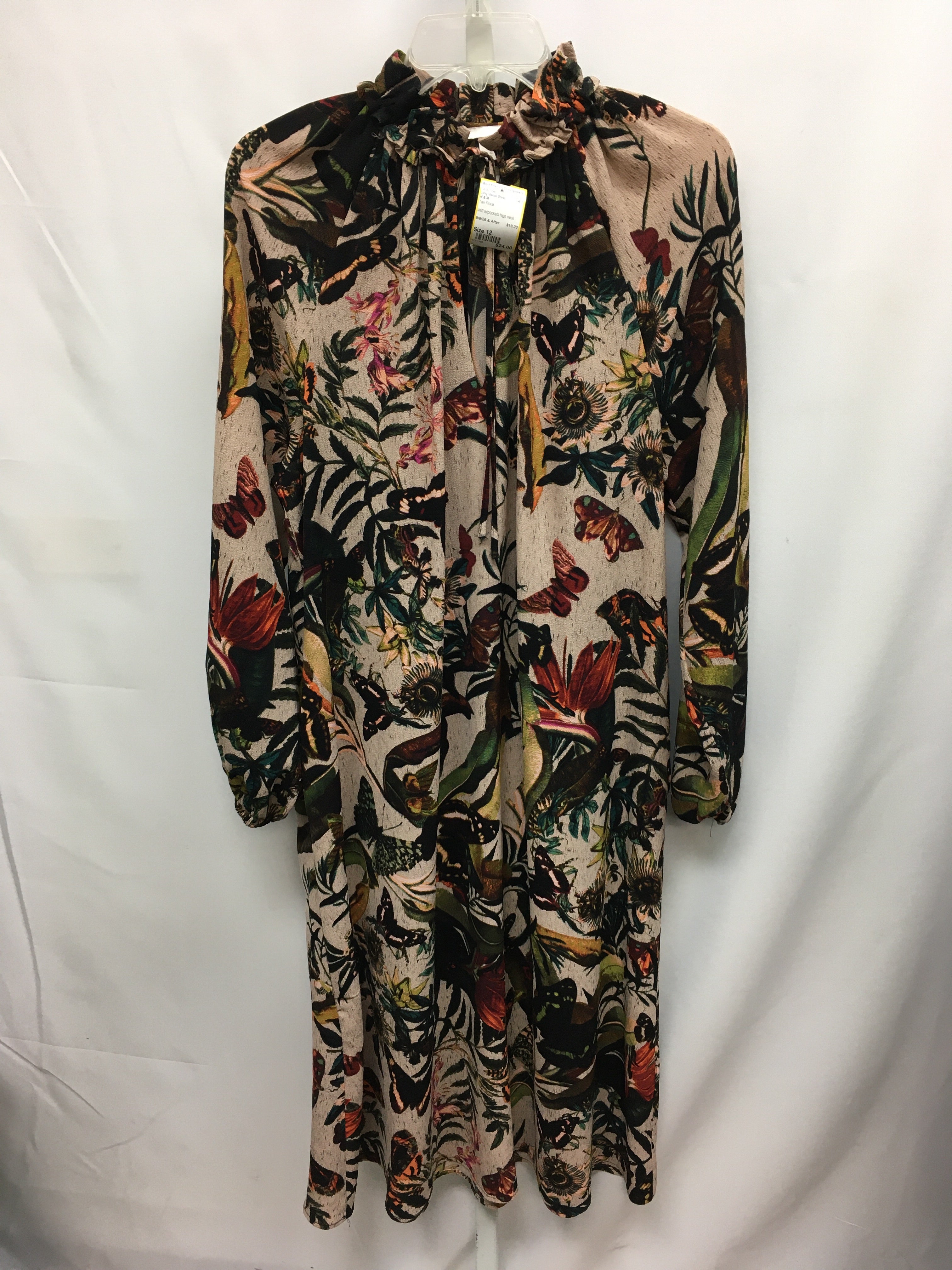 H & M Size 12 Tan Floral Long Sleeve Dress