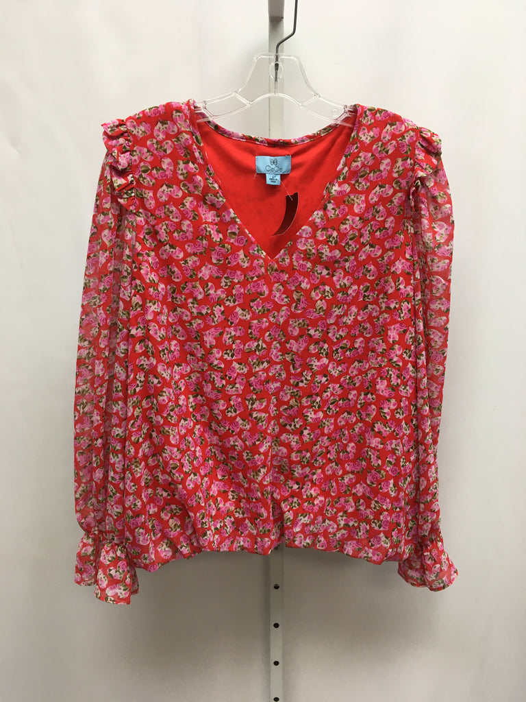CeCe Size Large Red Floral Long Sleeve Top