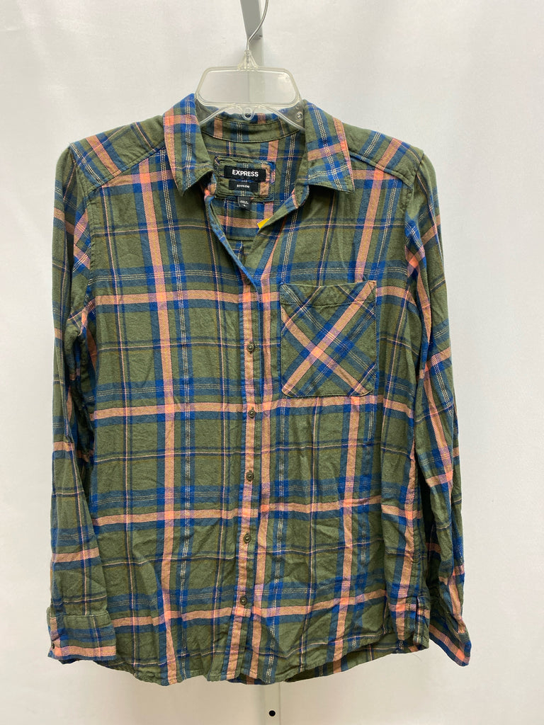 Express Size Small Green Plaid Long Sleeve Top