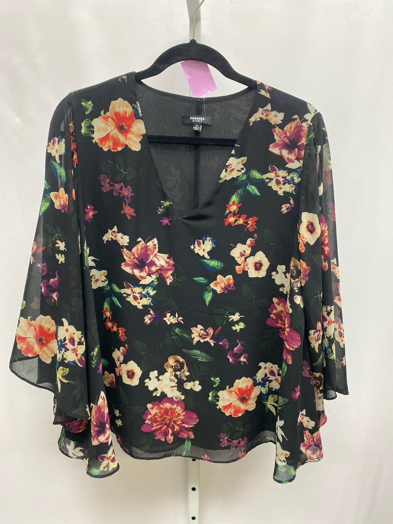 Premise Size Medium Black Floral 3/4 Sleeve Top