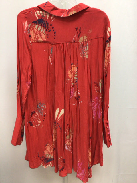 Free People Size Large Red Print Long Sleeve Tunic