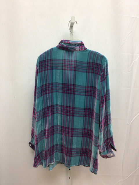 Soft Surroundings Size XLarge Teal Plaid Long Sleeve Top