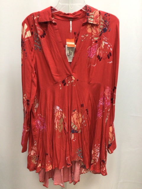 Free People Size Large Red Print Long Sleeve Tunic