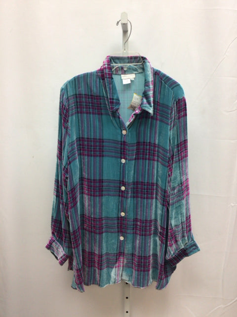 Soft Surroundings Size XLarge Teal Plaid Long Sleeve Top