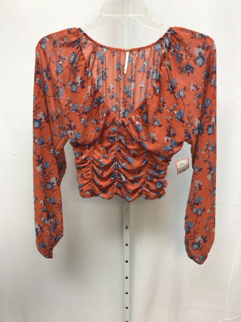 Free People Size Small Rust/Blue print Long Sleeve Top