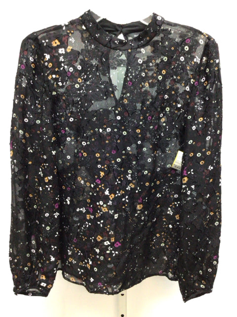 Club Monaco Size Small Black Floral Long Sleeve Top
